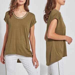 Lysse Olive Green Linen Blend Relaxed Fit Casual Hi Low Tunic Tee
